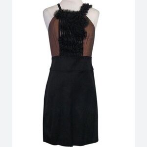 BCBGMaxAzria Black Ruffled Mesh Dress Tan and Silk Cocktail Dress